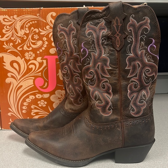 Justin Boots Shoes Justin Puma Brown Pink Distressed Leather Cowboy Boots Womens 9b Western